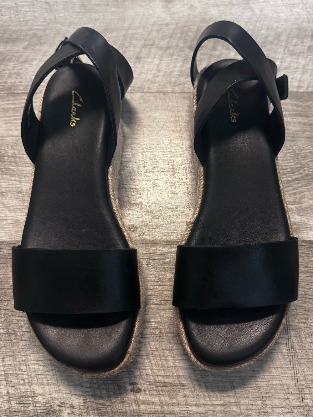 Clarks Kimmei Ivy Wedge Black Leather Espadrilles Sandal Womens Sz. 6 - Picture 2 of 11
